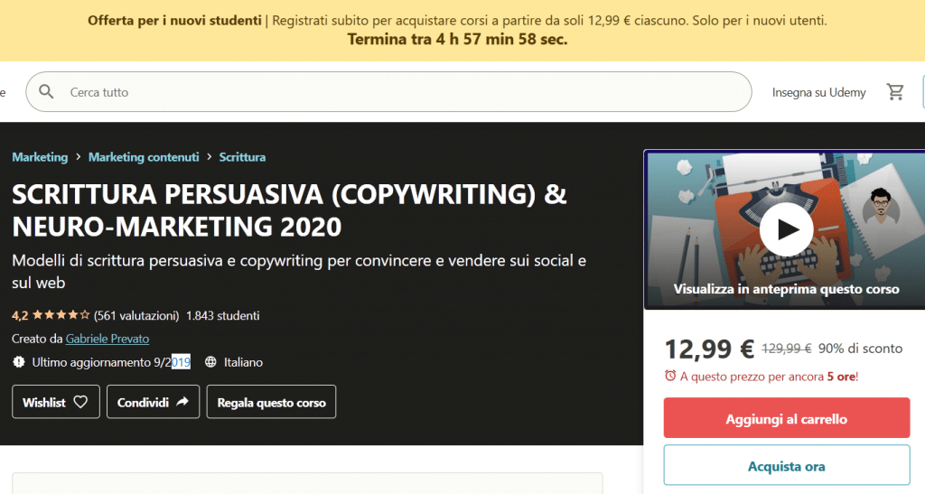  Corso di copywriting online Udemy